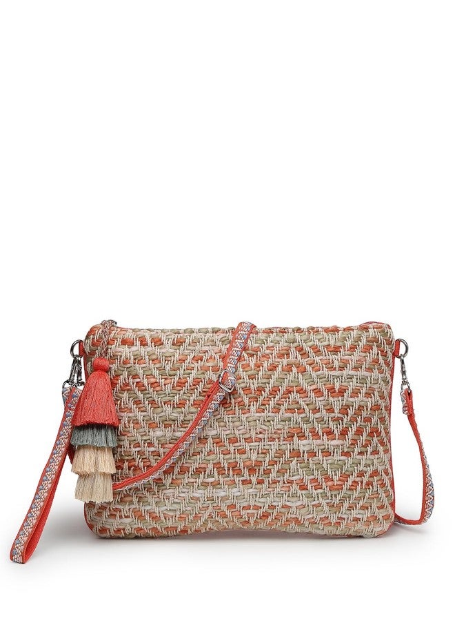 Anekaant Boho Coral & Multi Chevron Self Design Cotton Acrylic Sling Bag - Image 1